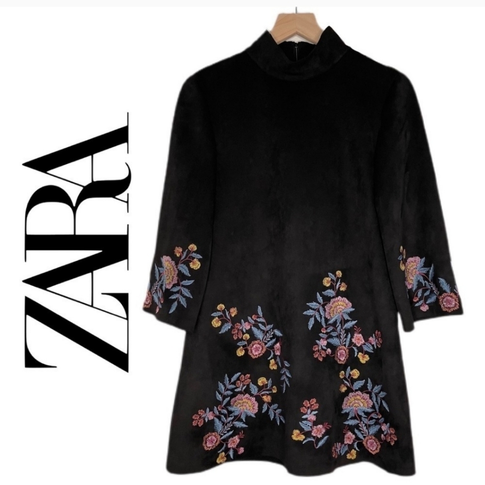 ZARA BLACK SUEDE EMBROIDERED DRESS BACK ZIP MINI SIZE XS - Picture 12 of 13